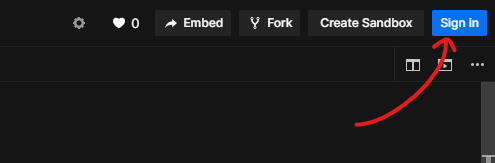 Click the blue sign in button in the top right of CodeSandbox